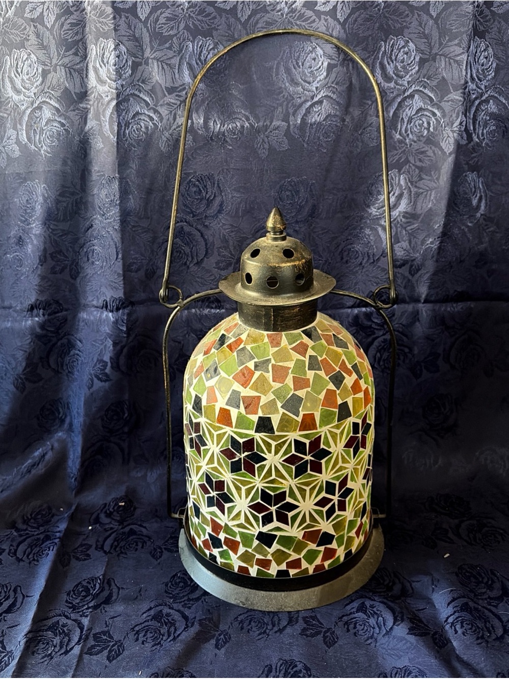 Mosaic Lantern W/Metal Frame And Handle-Tea Light Or LED Compatible